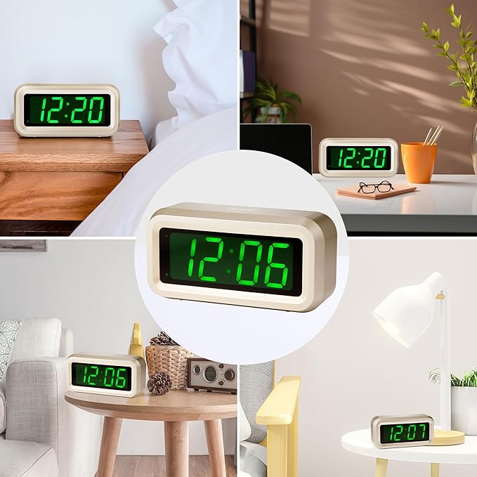 Digital Alarm Clock Battery Operated with LED Display for Bedrooms, Long Battery Life for 12 Months, 3 Brightness Adjustable, 12/24 Hour, Snooze, Golden Case with Green Digits