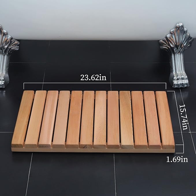 bingaai Cedar Wood Shower Mat, Cedar Wooden Bath Mats, Wood Bath Mat 23.6 × 15.7 in, Shower Stall Mat Non-Slip for Bathroom Bathtub Spa Sauna Garden Home, Wooden Floor Mat Large for Indoor and Outdoor
