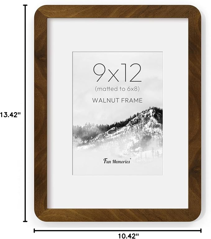 Fun Memories 9x12 Picture Frame - Solid Walnut Wood Frame with Real Glass, 9x12 Wooden Frame with Mat for 6x8, Perfect for Horizontal or Vertical Hanging by Wall, Natural Walnut
