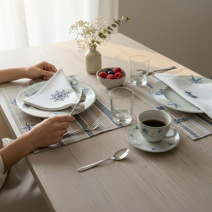 White Linen Dinner Napkins - 100% Linen Cloth - Fully Hemmed with Mitered Corners - Washable - Pack of 4 (Nautical Sailing Embroidered)