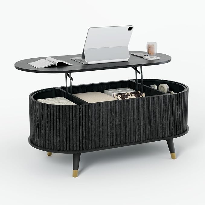 JOINICE 42.5" Oval Lift Top Coffee Table with Storage,Modern Black Center Table with Fluted Design, Solid Wood Legs & Hidden Compartment, Pop Up Coffee Table for Living Room