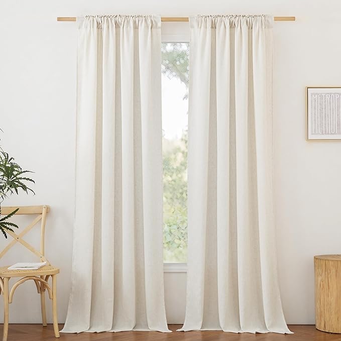 NICETOWN Natural Linen Curtains 132 inches Long, Rod Pocket & Back Tab Thick Flax Textured Privacy Added Window Treatments with Light Filter Drapes for Living Room, W55 x L132, 2 Panels