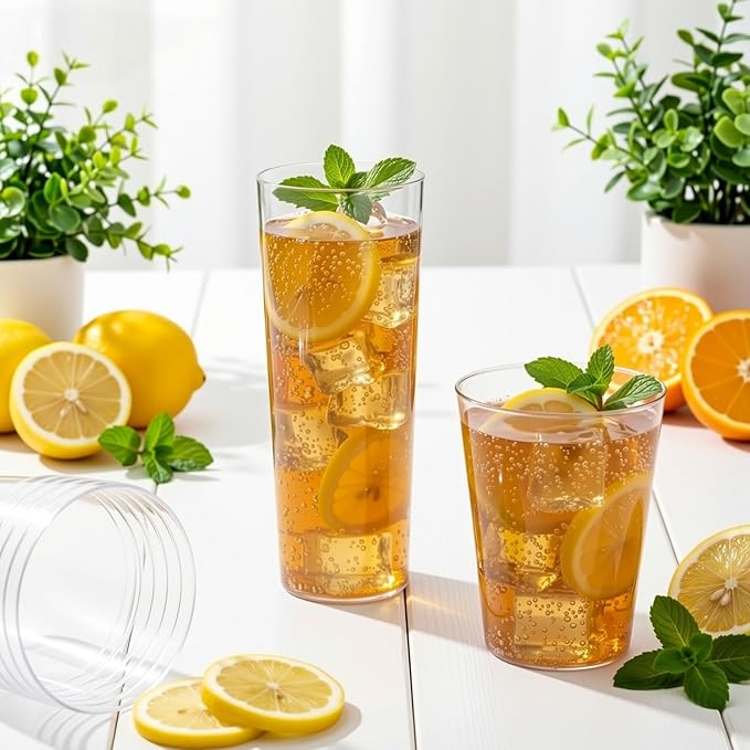 48 Packs Clear Plastic Drinking Glasses Set 10oz Hard Plastic Highball Drinking Glasses & 8 oz Water Cups Collins Whiskey Cups Smoothie Tumbler Drinkware for Iced Coffee, Beer, Cocktail