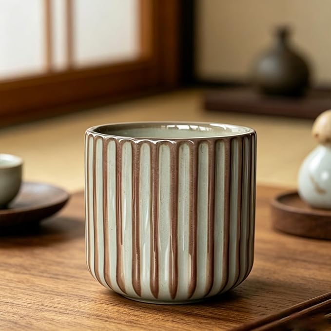Japanese Ceramic Mug, Vintage Tea Cup 6oz Striped Cup No Handle Drinking Cup for Latte Milk Water Beverage Juice Microwave and Dishwasher Safe, Kiln Transformation Cup (Vintage Greenish Gray)