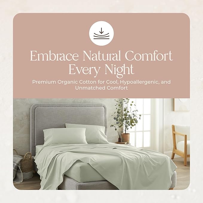100% Organic Cotton Sheets Full Size - GOTS Certified Organic Bed Sheets with Deep Pocket 300 Thread Count & Cozy Sateen Weave Gets Softer with Each Wash - Luxury 4 Piece Set (Pastel Green, Full)