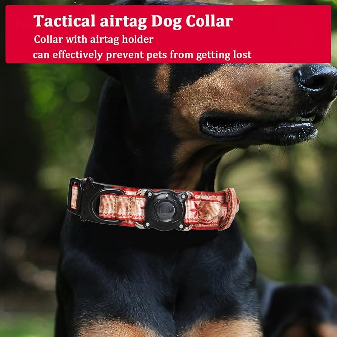 Christmas Tactical Dog Collar with Airtag Holder Waterproof Dog Airtag Collar with Control Handle Adjustable Heavy Duty Dog Collars(Christmas Red,L