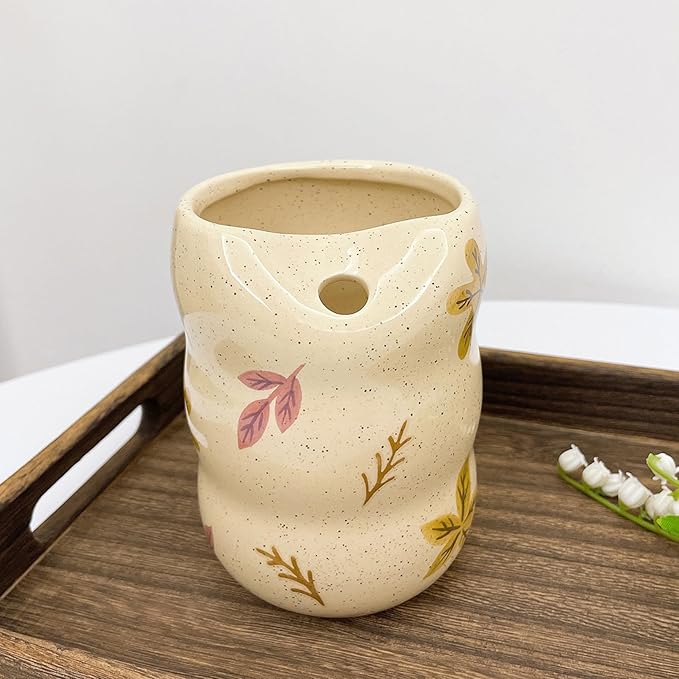 Ceramic Coffee Mug with Sip Hole, 13.5 oz Handmade Pottery Mug, No-Handle Modern Ceramic Cup for Daily Coffee & Tea, Office Use, Maple Leaf Design (1 Pack)