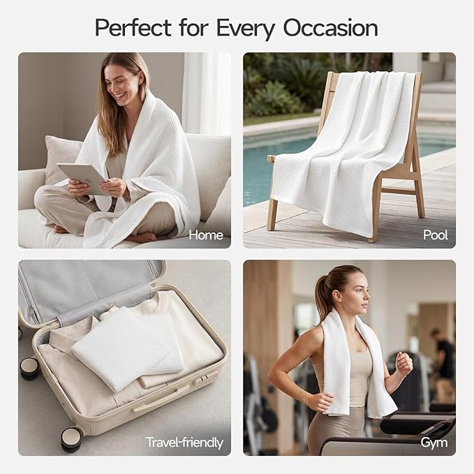ecolook 4 Piece Waffle Bath Towel Set, 100% Cotton Lightweight & Quick-Dry Bath Towels, Ultra-Absorbent and Breathable, Lint-Free Hotel & Spa Towels for the Bathroom, Gym and Travel - White