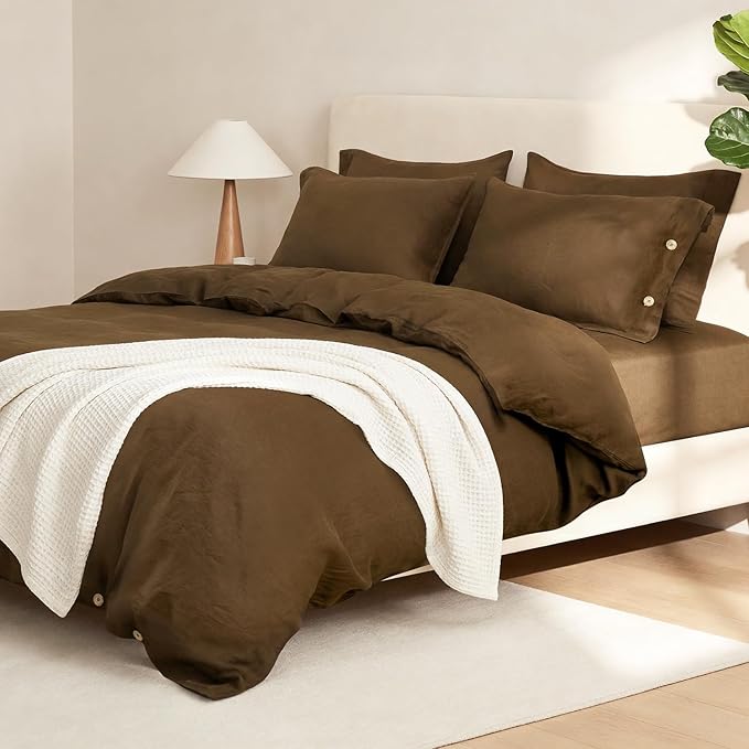 S VICTORY SYMBOL Pure Linen Duvet Cover Set 3pcs,Natural French Washed Flax Solid Color Breathable(1 Duvet Cover and 2 Pillowcases) with Coconut Buttons Closure(Full,Pinecone Brown)