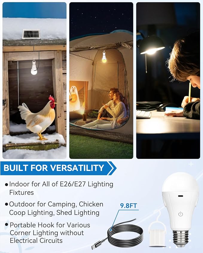 Solar & USB Rechargeable Light Bulbs With Remote + Touch Control, 3 Colors & Dimmable, Large Solar Panel 1800mAh Battery Powered Light Bulb, Battery Light Bulbs Indoor For Home Camping Shed