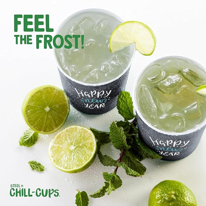 Steel Chill Cups 16 oz. Party Cups 'Happy New Year' Champagne Design for Cold Drinks, Durable, Disposable, Recyclable, Made in USA, Gray, 12 Count