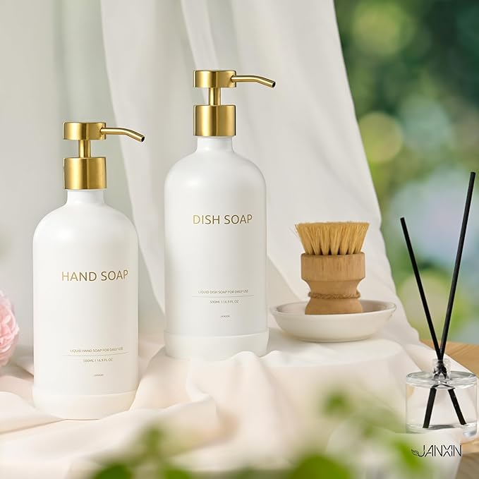 Glass Kitchen Soap Dispenser Set with Ceramic Tray,16.9 floz Hand and Dish Soap Dispenser for Kitchen and Bathroom Decor (White Bottles + Gold Pumps)