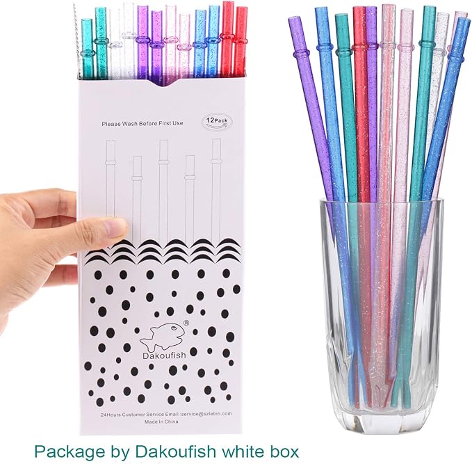 Dakoufish 11 inch glitter clear 12 piece reusable straw replacement plastic straw for 16 oz 18oz 20 oz 24 oz 30 oz yeti,stanley,tumblers starbucks straws plus one cleaning brush (6 color,11 inch)