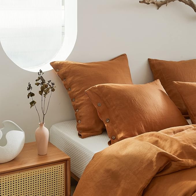 Simple&Opulence 100% Linen Duvet Cover Set 3pcs with Coconut Button Closure Natural French Washed Flax Solid Color Soft Breathable Farmhouse Bedding - Rust, King Size