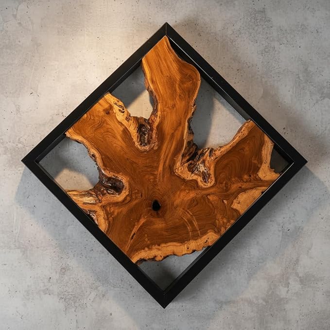 Warmaxx Teak Wood Wall Art 16.9"x16.9" Rustic Farmhouse Natural Wood Decor Home Office Dorm Square Handmade Live Edge Brown Wooden Wall Décor Living Room Bedroom Hallway