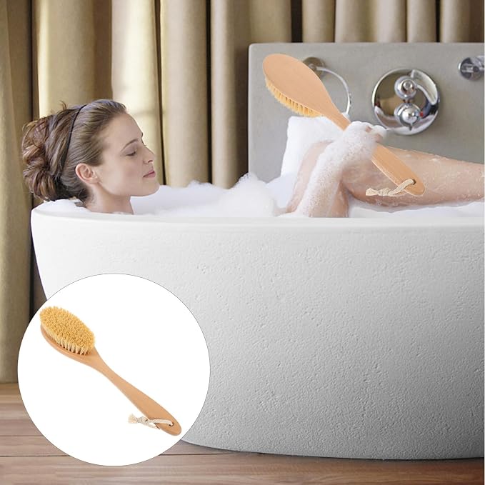 Mobestech Back Exfoliating Brush with Stiff Plant Bristles, Long Handle Bath Body Scrubber for Shower and Dry Brushing, Natural Beech Wood Back Scrubber for Deep Cleansing