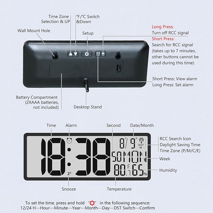 Digital LCD Atomic Desktop Clock, 7.8" Screen with Time, Date, Temperature, Humidity, Alarm, Snooze, DST, Time Zone for Home, Office (No Backlight)