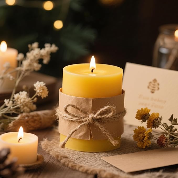 6 Pack Beeswax Pillar Candles, 360 Hours 3x4in Beeswax Pillar Candle Pure Natural Bee Wax Candle for Home, Emergency, Relax, Dripless & Smokeless