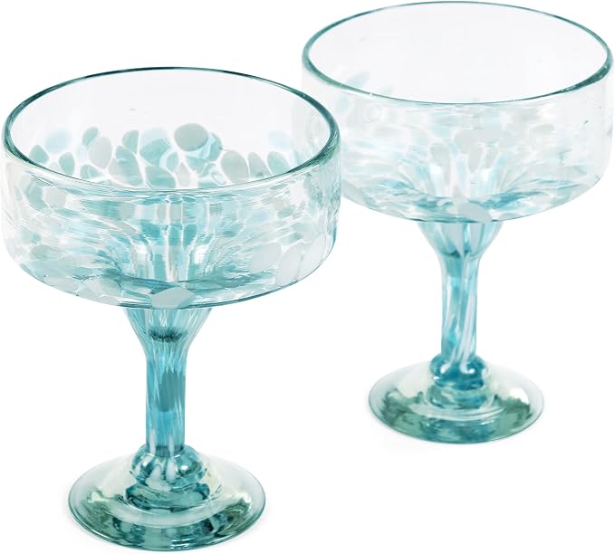 16 oz Hand Blown Mexican Margarita Glasses Set of 4 - Ocean-Blue Confetti