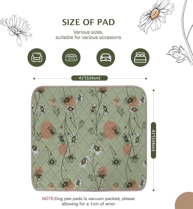 IEUUMLER Washable Pee Pads for Dogs, 2 Pack Non-Slip & Waterproof Pack Whelping Pad, Reusable Washable Puppy Potty Training Pad with Fast Absorbent for Playpen EU007 (Grass Green Daisy, 41"X41"-2pcs)