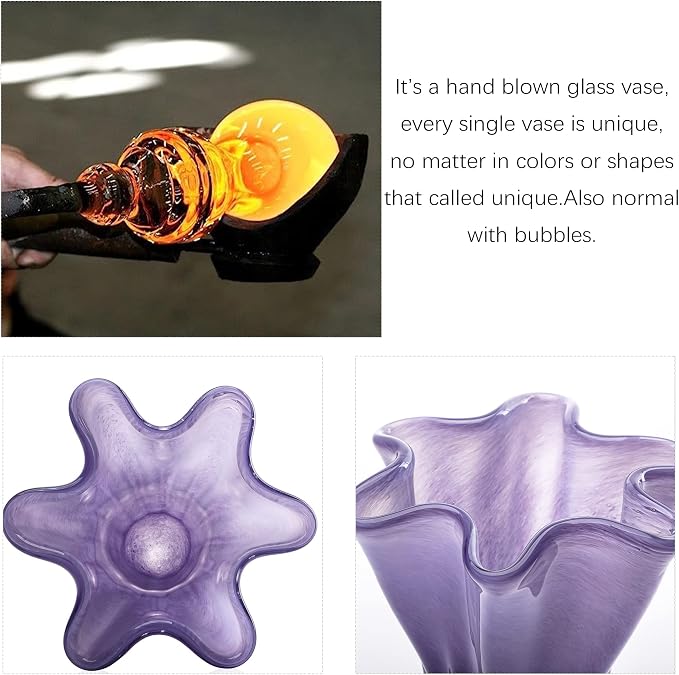 8'' Blown Glass Flower Vase for Home Wedding Modern Centerpieces Decorative (Purple)