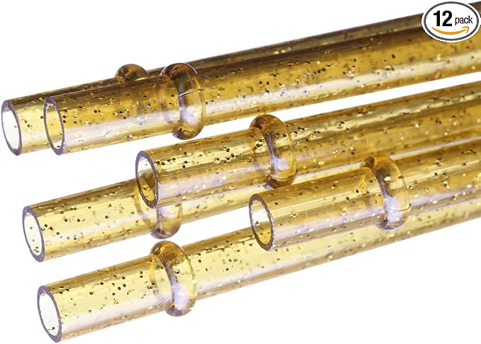 Dakoufish BPA-Free 12 Piece 11 Inch Reusable Clear Plastic Glitter Sparkle Drinking Straw Plus one Cleaning Brush (Gold,11inch)