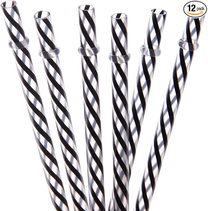 Dakoufish 12 Piece 11 Inch Reusable Plastic Thick Drinking Straws BPA Free Mason Jar Straws small Stripe Color (11inch Black)