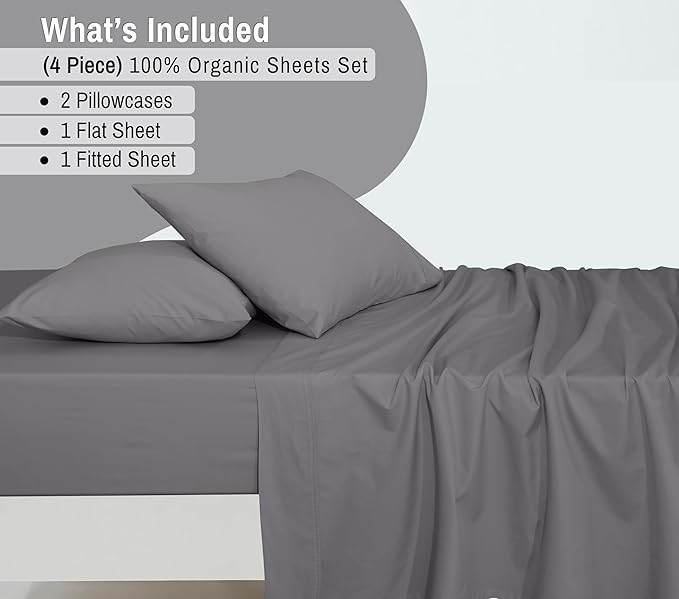 RUVANTI 100% Cotton Organic Percale Sheets Queen Size – Crisp Cooling Bed Sheets for Hot Sleepers, Deep Pocket 15”, Soft Peach Finish, Breathable & Durable Hotel-Style 4 Pcs, Silver Filigree