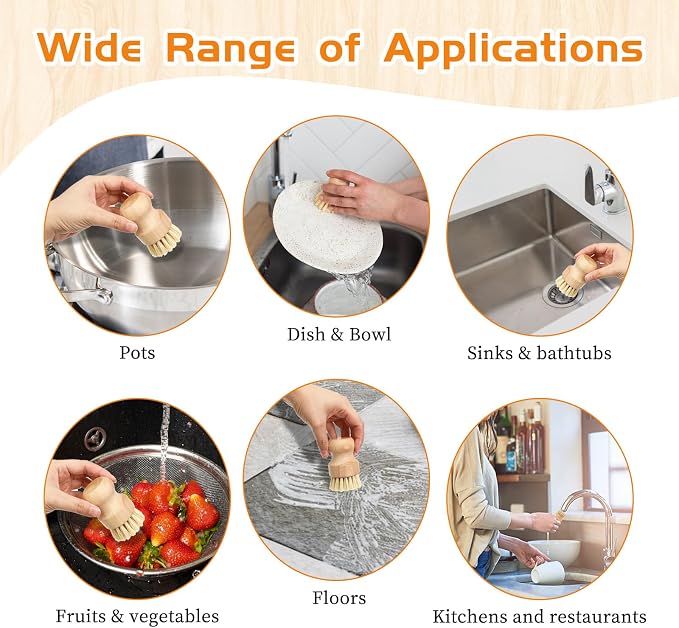JJUNW 12 Packs Bamboo Dish Scrub Brushes, Wok Brush, Wooden Scrubbers Set | Bamboo Scrub Brush Clean Pan for Kitchen Sink Cleaning Cast Iron Pots and Pans