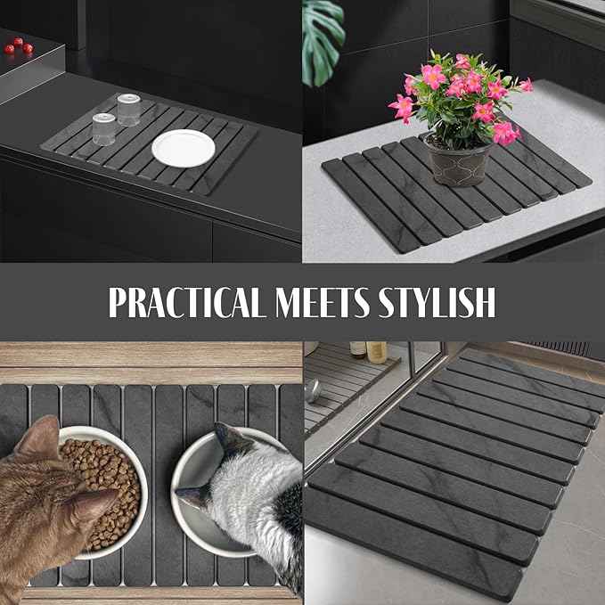 Large Stone Dish Drying Mats for Kitchen Counter, 24"(L)×16"(W) Marble Pattern, Quick Dry Collapsible Dish Drying Mat, Eco-Friendly Absorbent Diatomaceous Earth Mat for Dishes Bottles Cups - Dark Gary