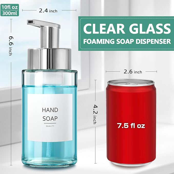 RYTOXILO Glass Soap Dispenser, 10 oz/300ml Foaming Soap Dispenser, 4 Pack Foaming Hand Dispenser for Bathroom & Kitchen, Clear Refillable Foam Soap Bottle with Silver Pump