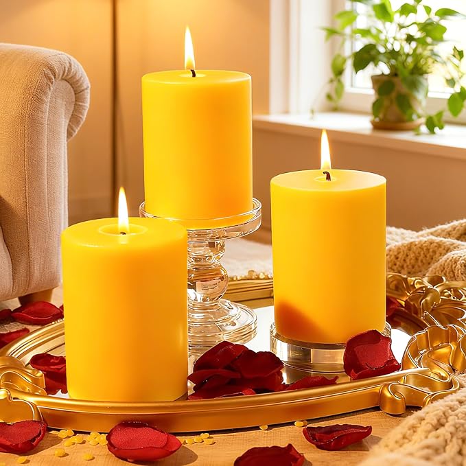 2 Packs 3"x 4" Natural Beeswax Pillar Candles, 100% Pure Beeswax Candle 120 Hours Long Burning Emergency Candle, Unscented Bees Wax Candles for Home Decor, Air Purification, Smokeless & Dripless
