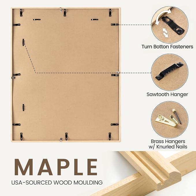 20x30 Poster Frame, USA-Sourced Maple Wood Picture Frame with HD Tempered Glass, Handcrafted Rounded Corner 20 x 30 Wooden Frames Matted to 16x24 Photos, Horizontal or Vertical Wall Display