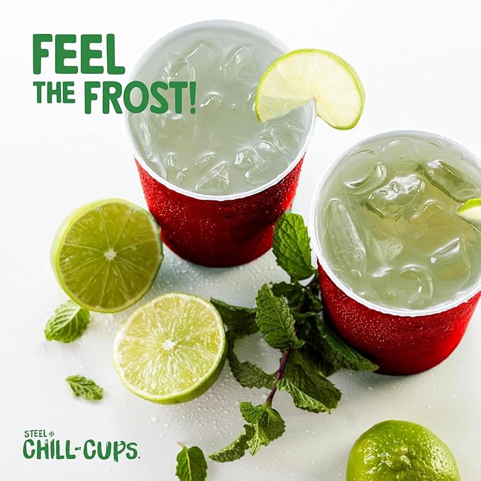 Steel Chill Cups 16 oz. Party Cups, Perfect for Cold Drinks, Sturdy & Durable, Disposable and 100% Recyclable, Made in USA, Red, 180 Count