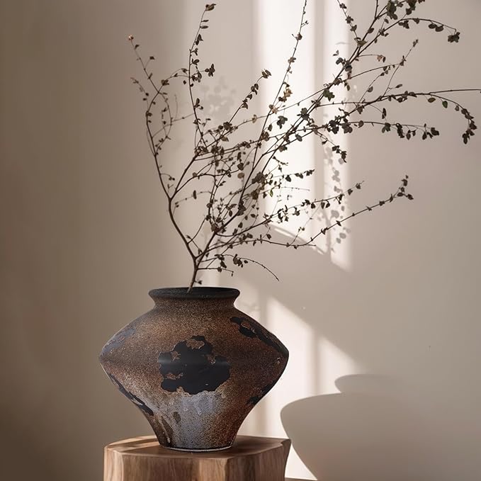 Rustic Wabi Sabi Rusty Vintage Vase - 6.7'' Wabi Sabi Decorative Farmhouse Pottery Flower Vase, Brown Ceramic Vases for Home Decor, Table, Centerpiece, Shelf, Entryway, Living Room, Bedroom, Bathroom