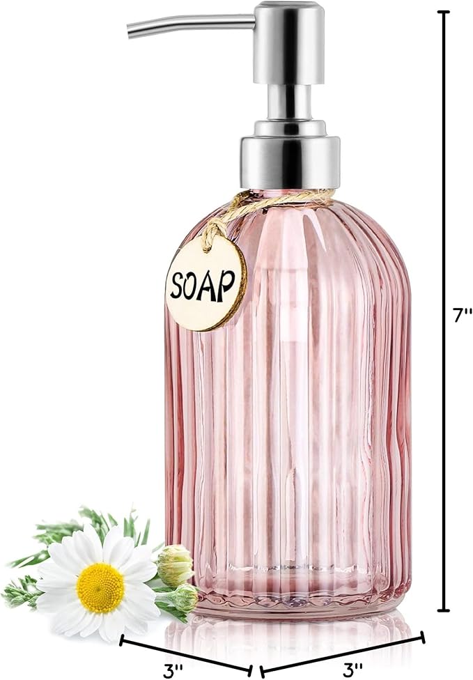 MOCLIF 16OZ Fashion Stripe Clear Glass Refillable Soap Dispenser with 304 Stainless Steel Pump Premium Soap Dispenser, for Kitchen, Bathroom, Hand Sanitizer, Liquid Soap, Lotion, etc. (Clear Pink)