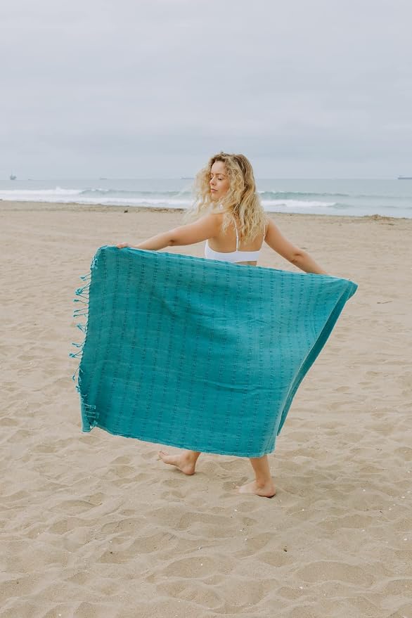 InfuseZen Stonewashed Turkish Cotton Bath and Beach Towel - Teal Green/Blue | 100% Organic, Thin, Soft, Lightweight, Absorbent, Quick-Drying, Large Peshtemal, Sand-Resistant for Shower, Pool, Spa, Travel