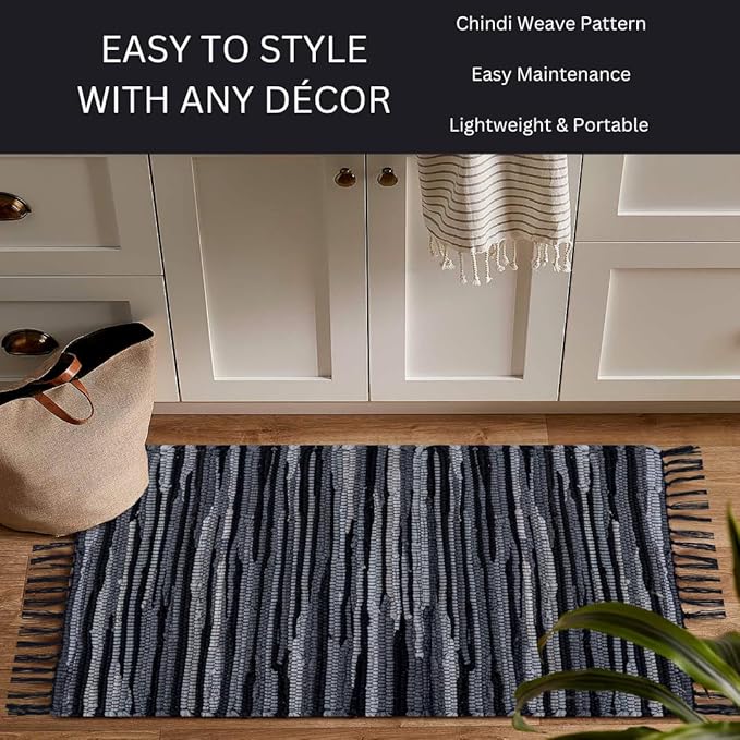 Cotton Chindi Rug - Boho Rustic Area Accent Throw Rug - Area Floor Carpet for Bedroom Living Room Kitchen Dorm Entryway Hallway - 20x32 inch Hand Woven Reversible Area Rug Black Multi