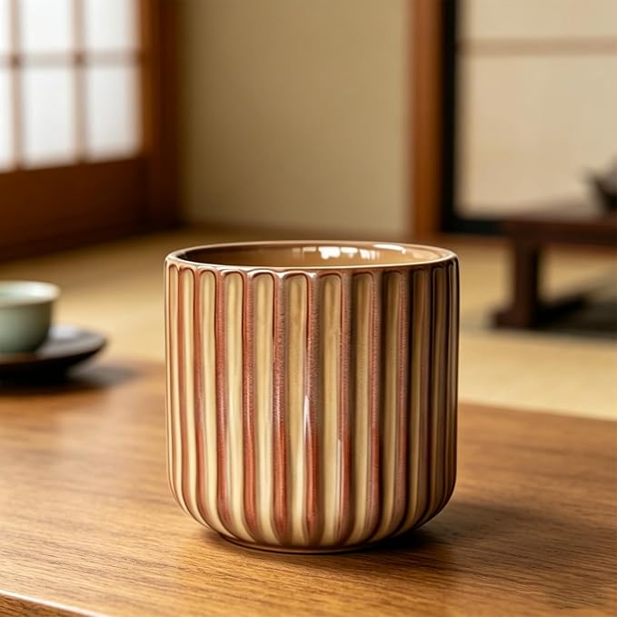 Japanese Ceramic Mug, Vintage Tea Cup 6oz Striped Cup No Handle Drinking Cup for Latte Milk Water Beverage Juice Microwave and Dishwasher Safe, Kiln Transformation Cup (Vintage Brown)