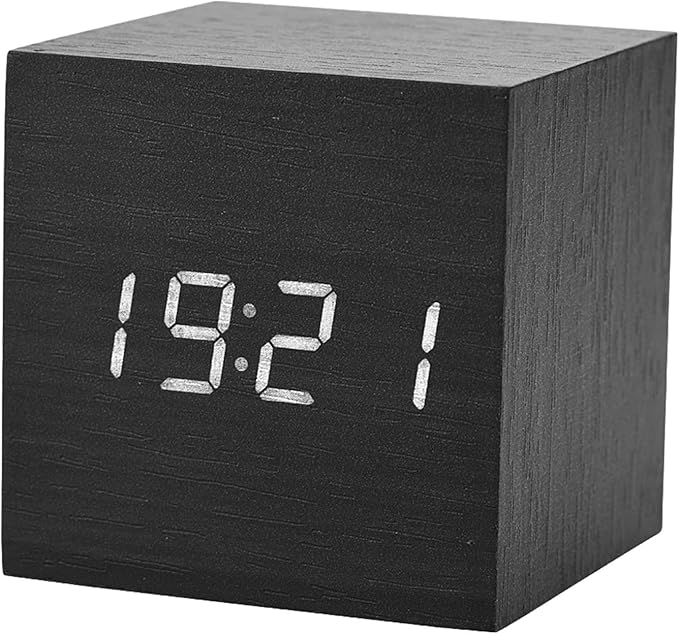 Wooden Alarm Clock, Digital Alarm Clock LED Time Temperature Display with Voice Control for Bedroom, Bedside, Desk, 6x6x6cm(Black)