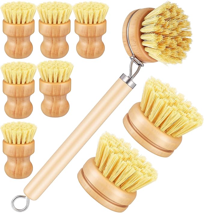 COMNICO Bamboo Dish Brush Set, 9 Pack Kitchen Natural Wooden Cleaning Scrubbers Set Washing Dish Brush Scrubber with Natural Sisal Bristles for Household Cleaning Vegetables