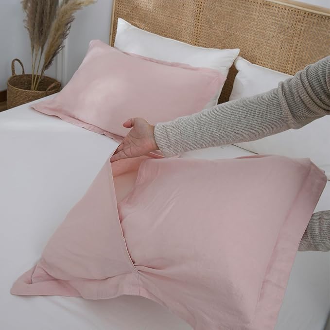 100% French Linen Pillow Shams Basic Style - Pack of 2 - Washed Solid Color Natural Flax Soft Breathable - Blush Pink, 20'' x 26''
