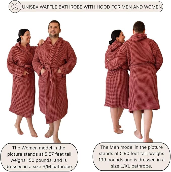Unisex Hooded Waffle Robe for Women & Men 100% Turkish Cotton | Quick-Dry Bathrobe | Cozy Housecoat for Lounging