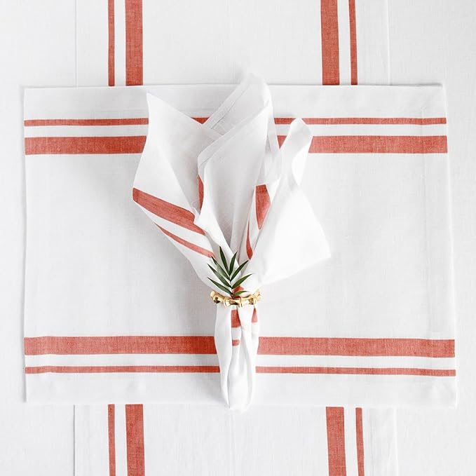 Solino Home Linen Dinner Napkins Set of 4-100% Pure Linen French Stripe Red and White Napkins 20 x 20 Inch for Summer, 4th of July