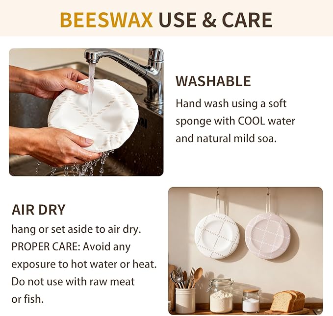 Reusable Beeswax Large Bowl Covers (2pc 12 Inch) – 100% Organic Cotton Elastic Food Covers for Sourdough Bread Proofing, Shower Caps for Dough Baskets, Beeswax Wraps, Bowl Covers, Bread Proofing Cover