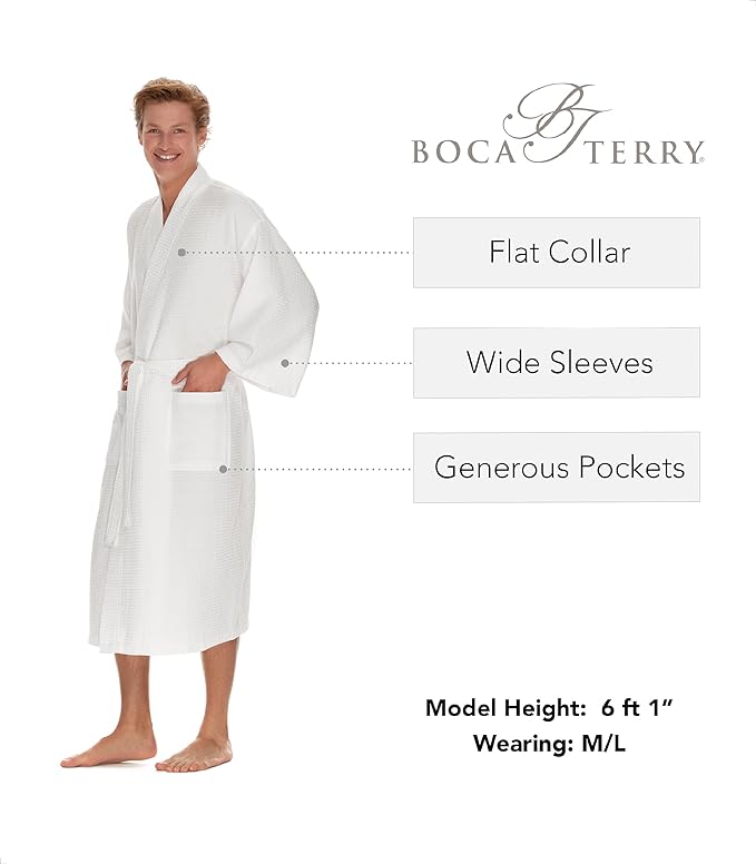 Men's Waffle Robe by BOCA TERRY, Waffle Knit Spa Robe, Long Lightweight Cotton Kimono Hotel Bathrobe
