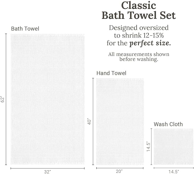GILDEN TREE Waffle Towel Set Quick Dry Thin | 2 Bath Towels | 2 Hand Towels | 2 Washcloths, Classic Style (White)
