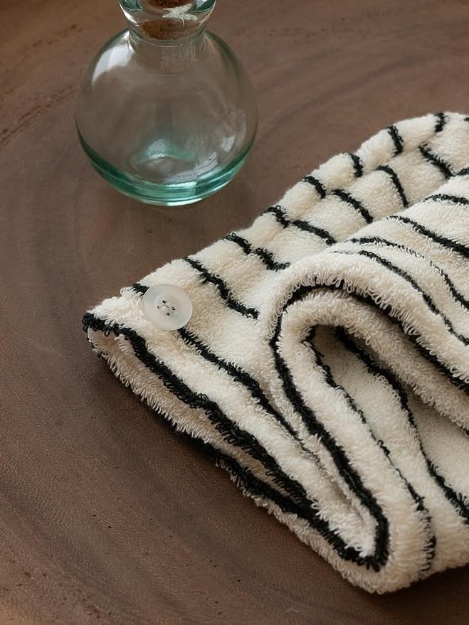 WENSHUO Striped Hair Towel Wrap,100% Combed Cotton,Luxury Hair Drying Towels,Super Absorbent with Button Fasten(Pack of 1) (Ink Stripes, 23.6" L x 9.5" W)