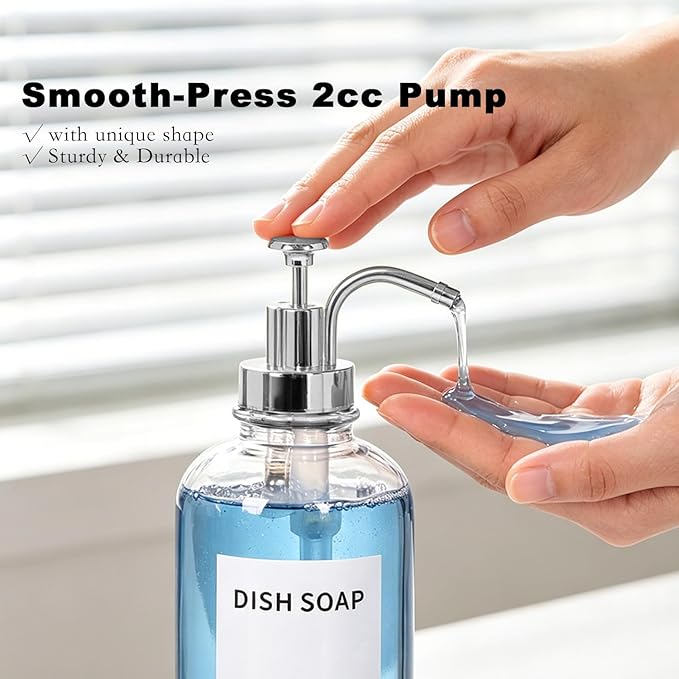 12oz Dish Soap Dispenser for Kitchen, Hand Glass Soap Dispenser Set with Pump, Tray, Funnel for Bathroom, Shower, Laundry, Liquid, Lotion (Silver 2 Pack Clear Bottles with 12 Stickers)
