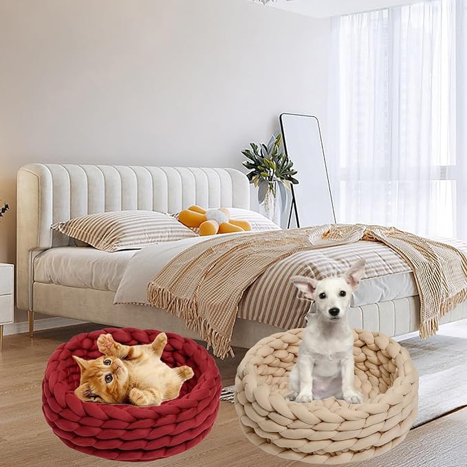 Woven Dog Bed Basket, Knitted Cotton Cat Bed Round Washable Woven Cat Pet Bed Chunky Dog Basket, Orthopedic, Chunky Knit Dog Nest,Dog Bed,Dog Cave,Dog Bedding(Red 1,19")